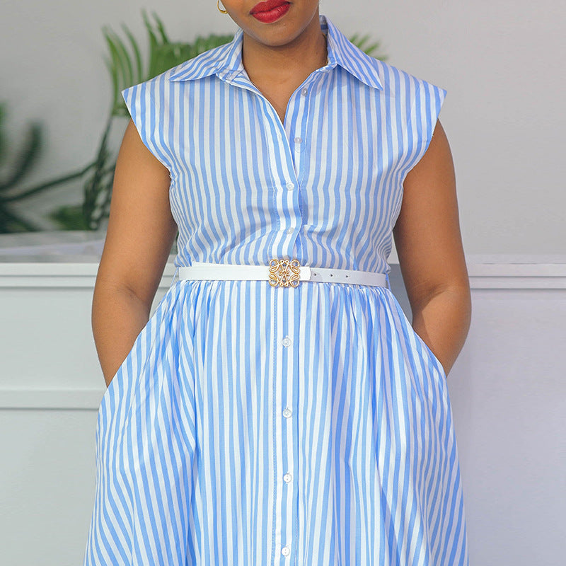 European and american cross-border women's fashion:  autumn new arrival - elegant lapel blue striped short-sleeve irregular hem shirt dress