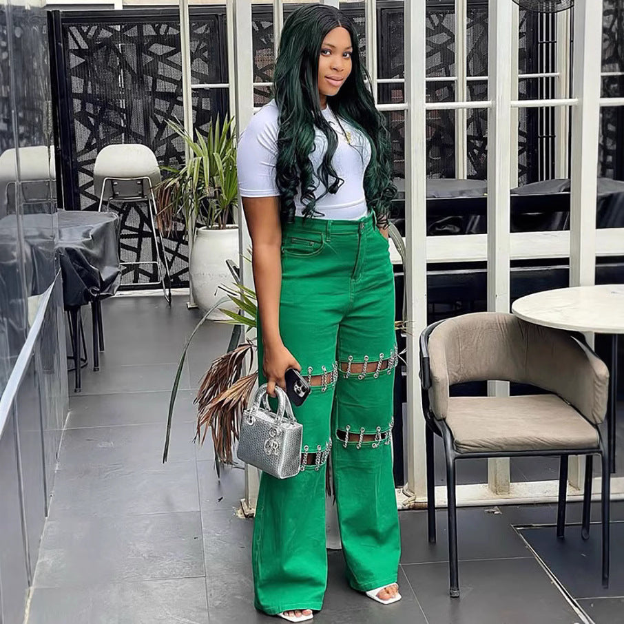 European and american style high-waisted jeans -  cross-border women's fashion  new collection - patchwork casual distressed chain detail pants