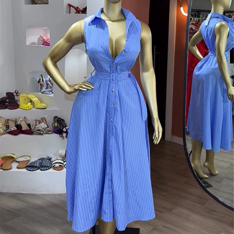 European and american cross-border women's fashion:  autumn new arrival - elegant sleeveless blue striped tie-waist shirt dress