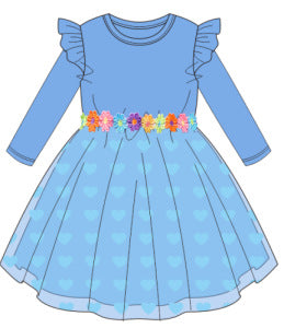 Kids' long-sleeve ribbed knit dress with lace trim and heart-shaped mesh detail
