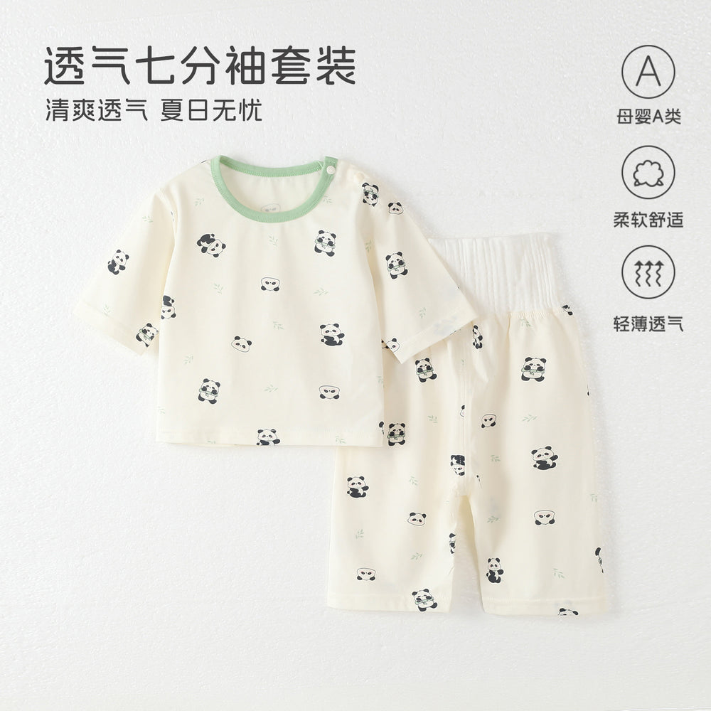 Baby pajamas mocotton thin style kids' loungewear summer boys' and girls' three-quarter sleeve air conditioning suit high-waisted set