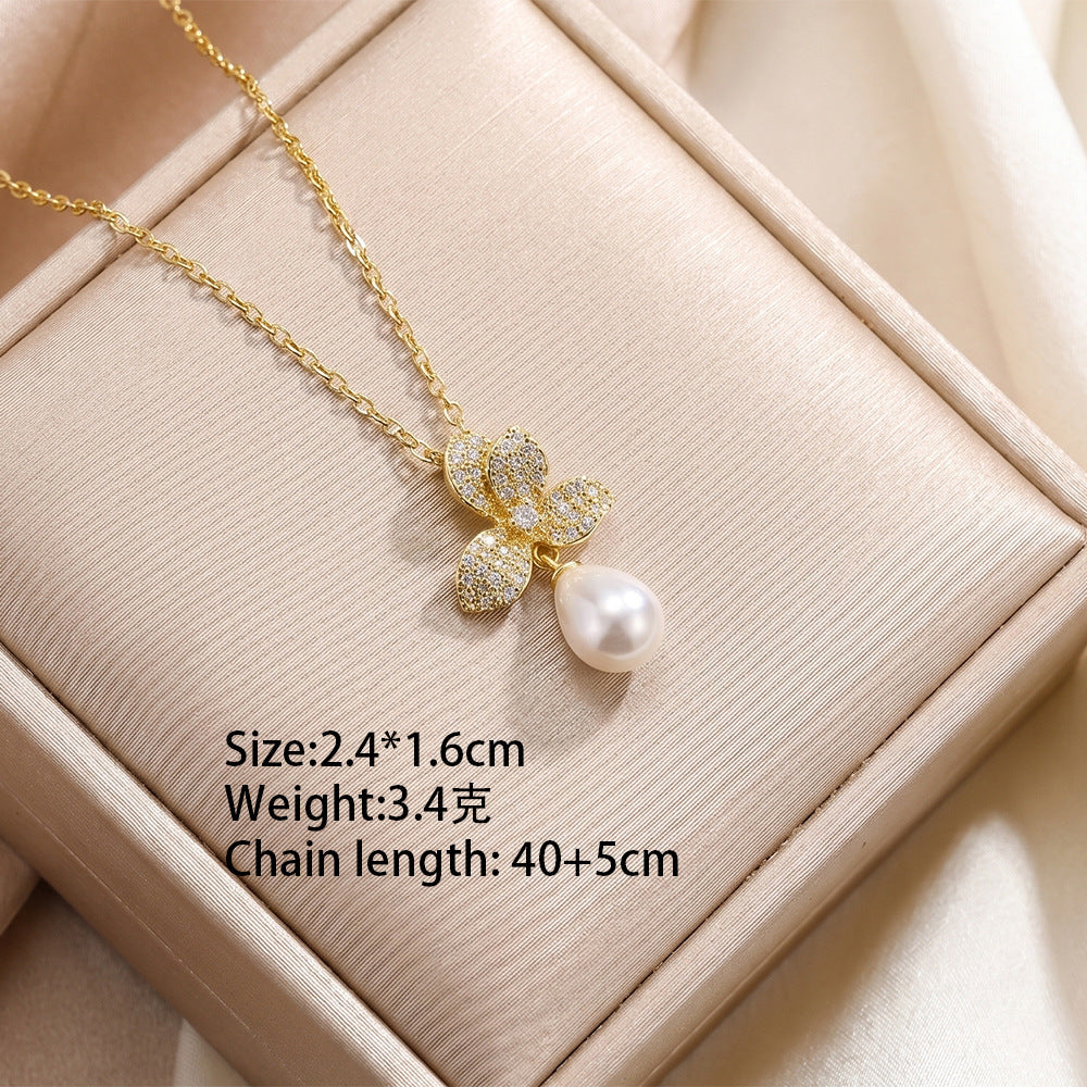 European and american hot-selling fashion zircon pearl necklace for women, lightweight luxury, niche, versatile, elegant, fashionable titanium steel clavicle chain jewelry