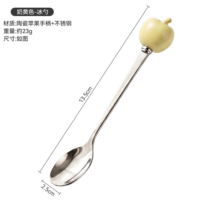 Colorful apple fork and spoon set - creative spoons with stainless steel and ceramic handles for fruit, coffee, cake, and desserts - wholesale