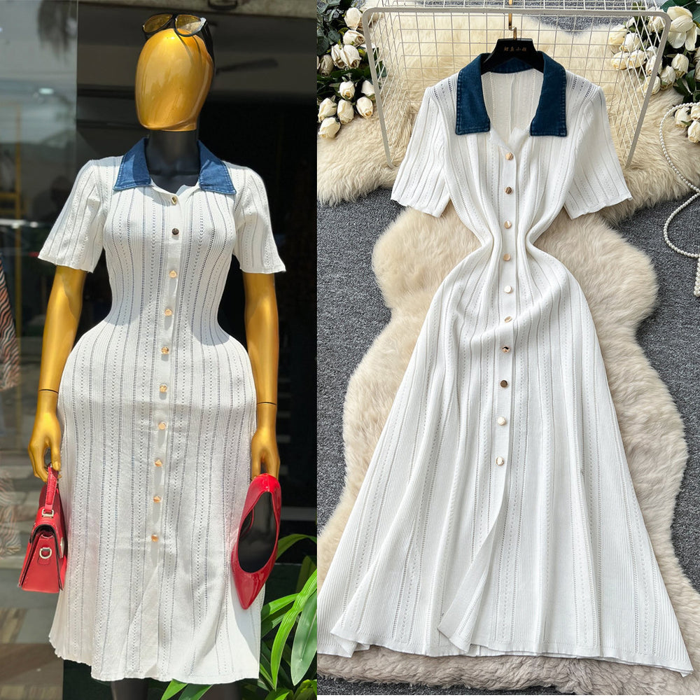 Frenchretrocontrast color lapel short sleeve metal button silmknittingdress women's spring waist slimming lookelegant skirt