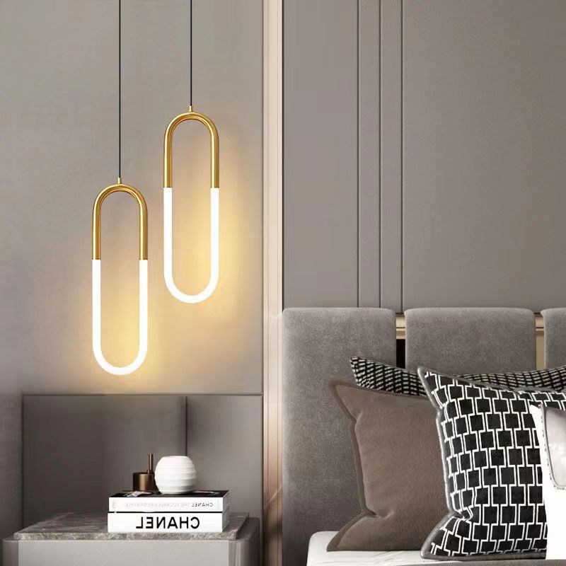 Modern minimalist brushed gold u-shaped linear pendant light - italian style for bedroom, bedside, dining room, island, bar, and hotel