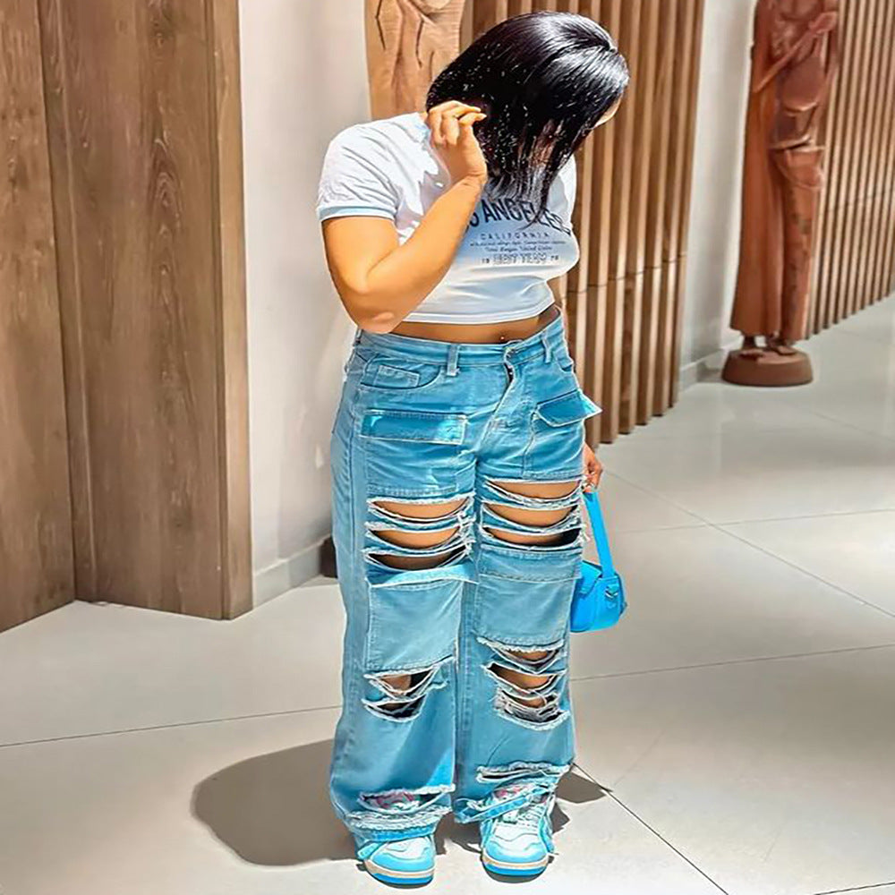 European and american cross-border women's fashion:  street style, edgy, high-waisted, distressed, multi-pocket, straight-leg jeans