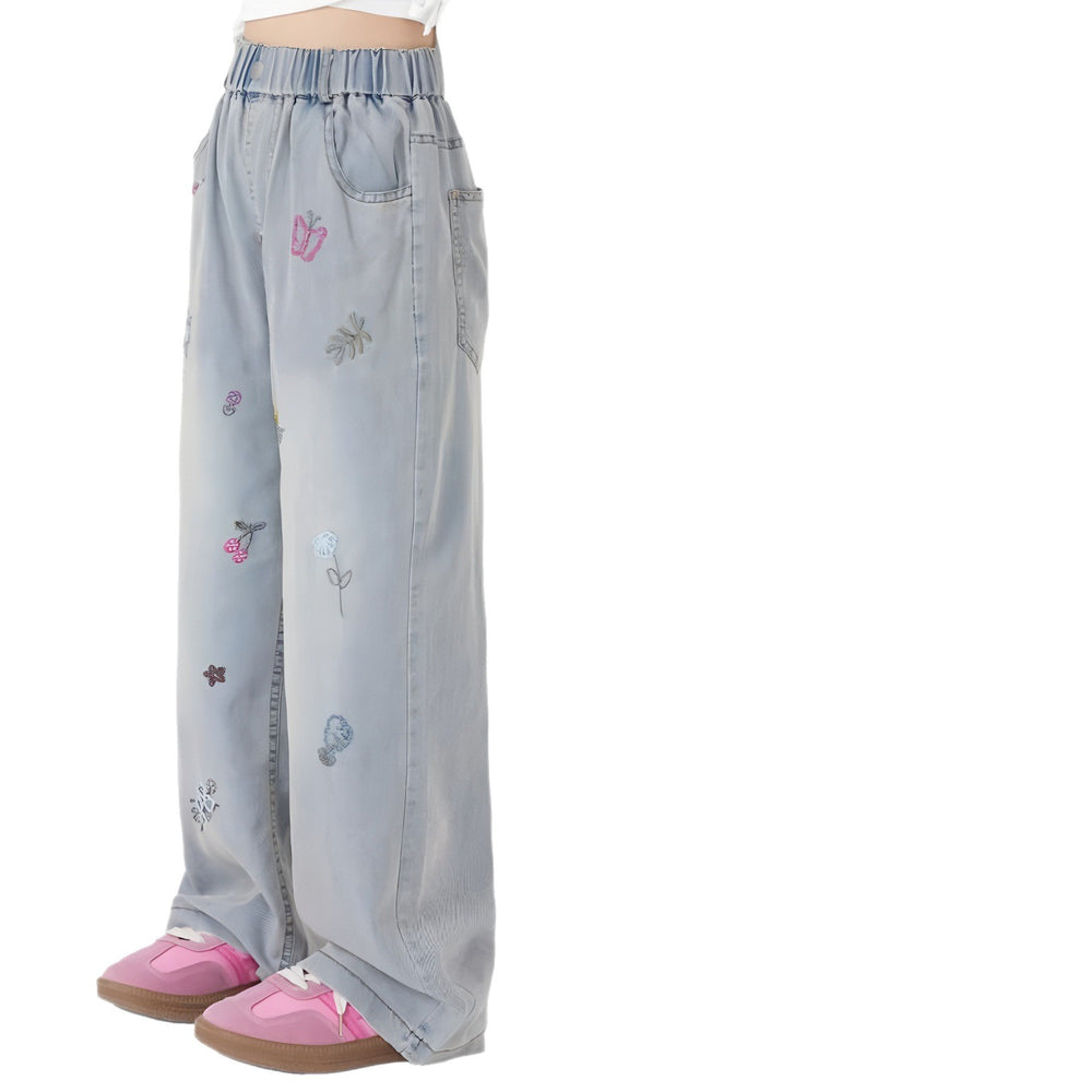 Girls' summer lightweight pants, new  styles for older girls, straight-leg wide-leg trousers, kids' tencel denim jeans