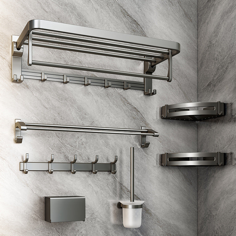 Gunmetal towel rack, foldable bath towel holder, no-drill bathroom toilet storage shelf, wall-mounted organizer
