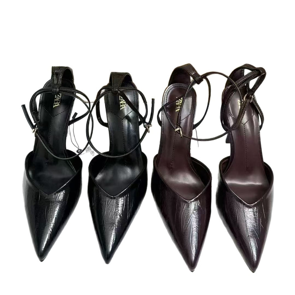 Za2025autumnew arrivalelegant pointed toe high heelsfashioneasiest for match toe capflats belt buckle stiletto flats women
