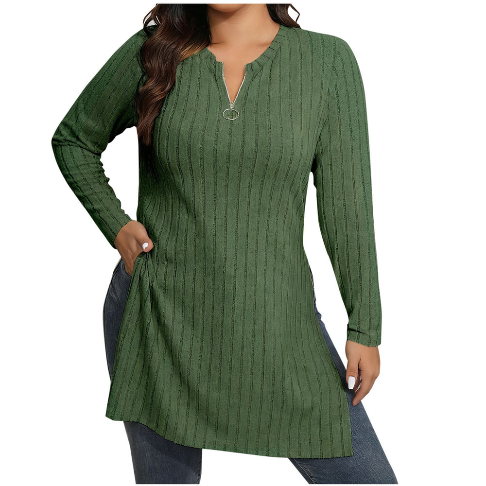 cross-border  women's casual solid color half-zip v-neck loose fit side slit long sleeve top