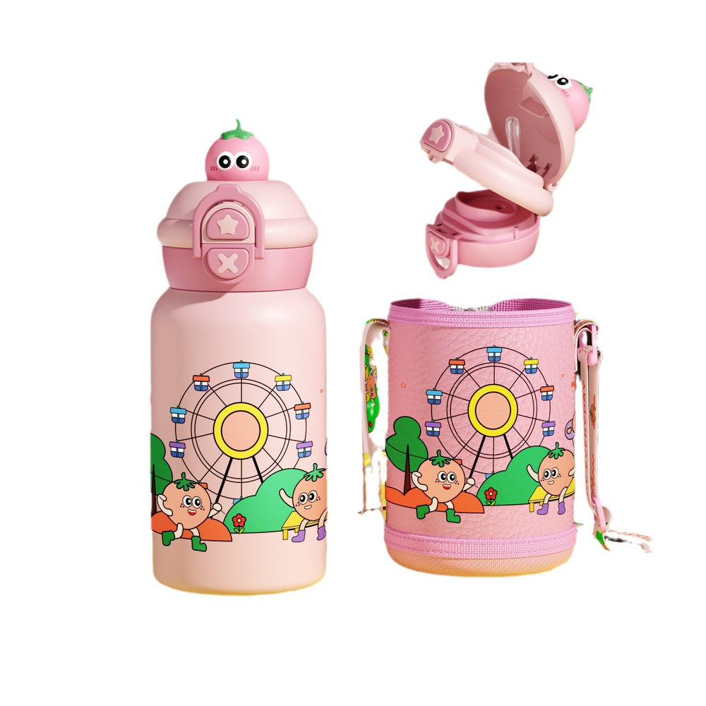 Double-drink kids' thermos with straw, 316 stainless steel, cartoon portable bounce lid, creative figurine student water bottle