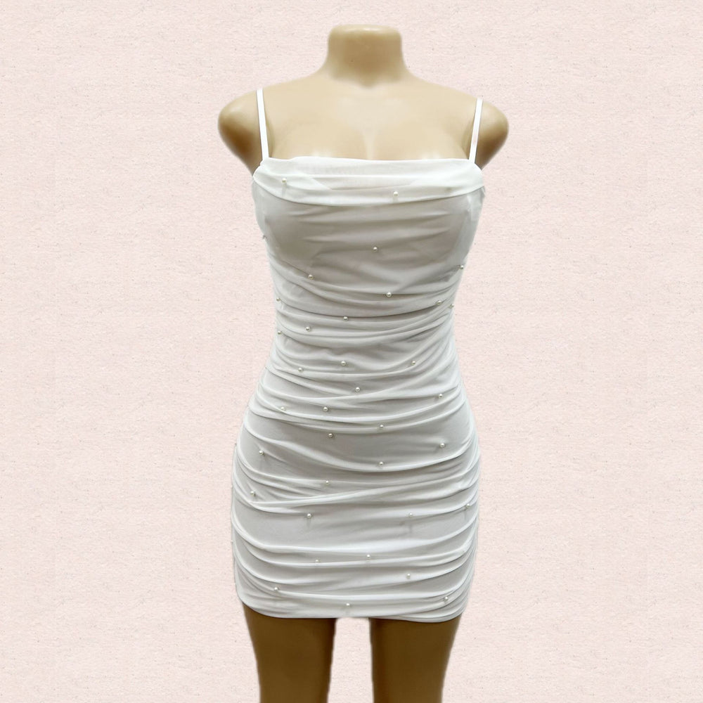fashioninsfashion elastic mesh suspender pearl sexy silmshortdress
