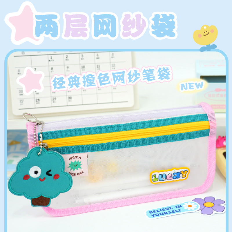 New cute fun contrasting color transparent stationery bag large capacity pencil bag high value simple primary and secondary school student stationery mesh bag