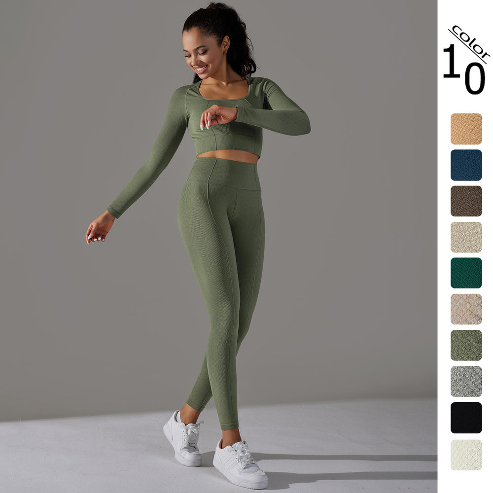 fashion seamless knittingpure color jacquard low-cut tight long sleeves yoga suit sports fitness two-piece set