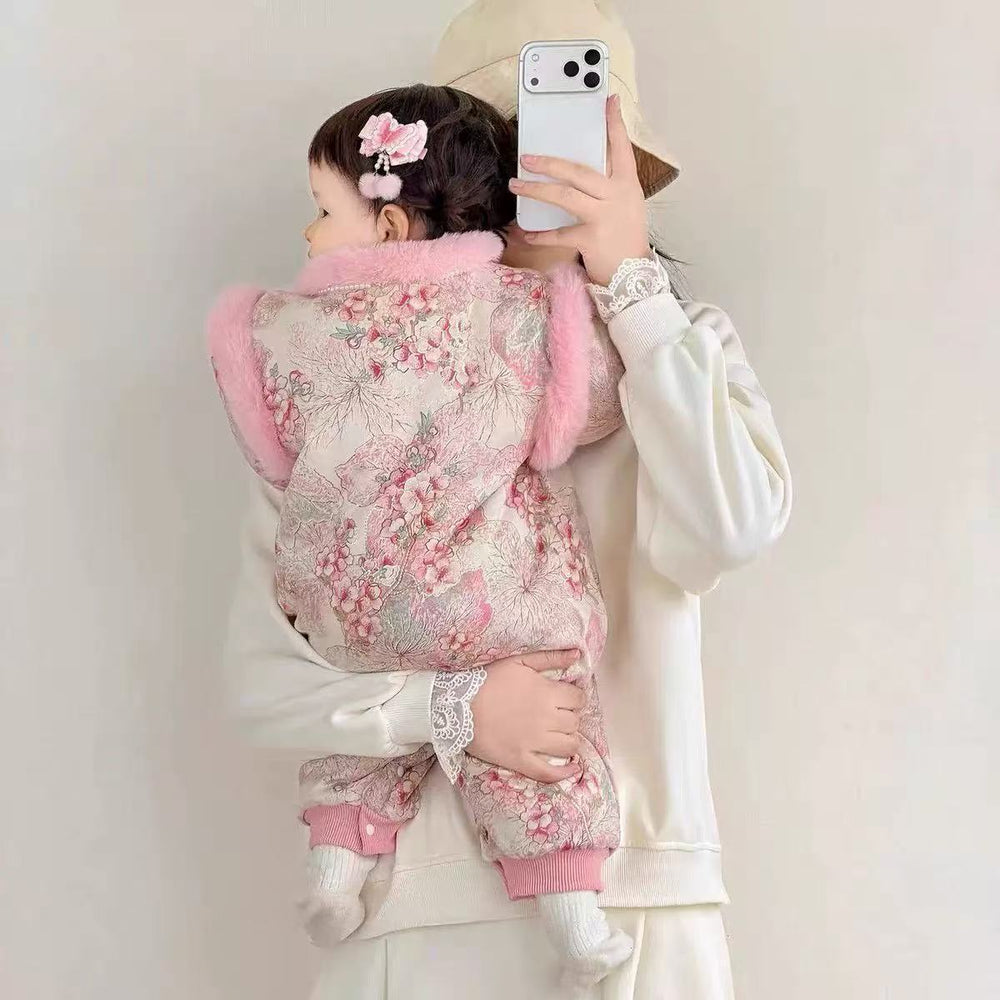 Newborn baby girl cute princess full moon baby fall and winter chinese style jumpsuit han dynasty thickenedcute outing clothes
