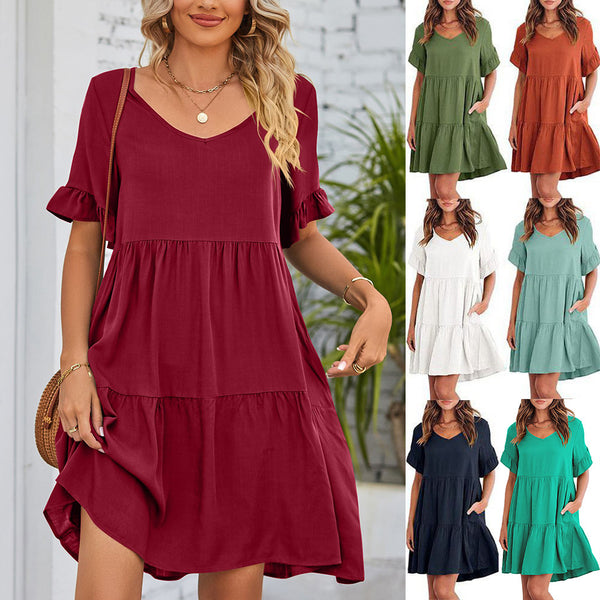 2024 's new women's clothing  European and American summer casual V-neck doll clothing three-layer pleated dress