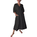 Amazon independent station fashion cross-border autum women's cotton and linen deep v neck pleated pure colorcasualflap pocket pantsdress