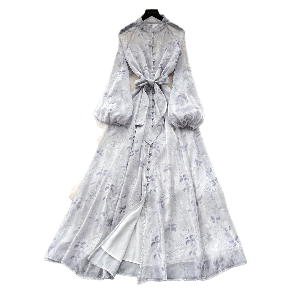 Frenchromantic style lantern sleeve printingdress female k-style waist slimming look a-line long skirt work clothingelegantelegance
