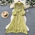 Retroelegance style lantern sleeve v necklacepatchworkdress female k-style waist slimming lookelegant long skirt