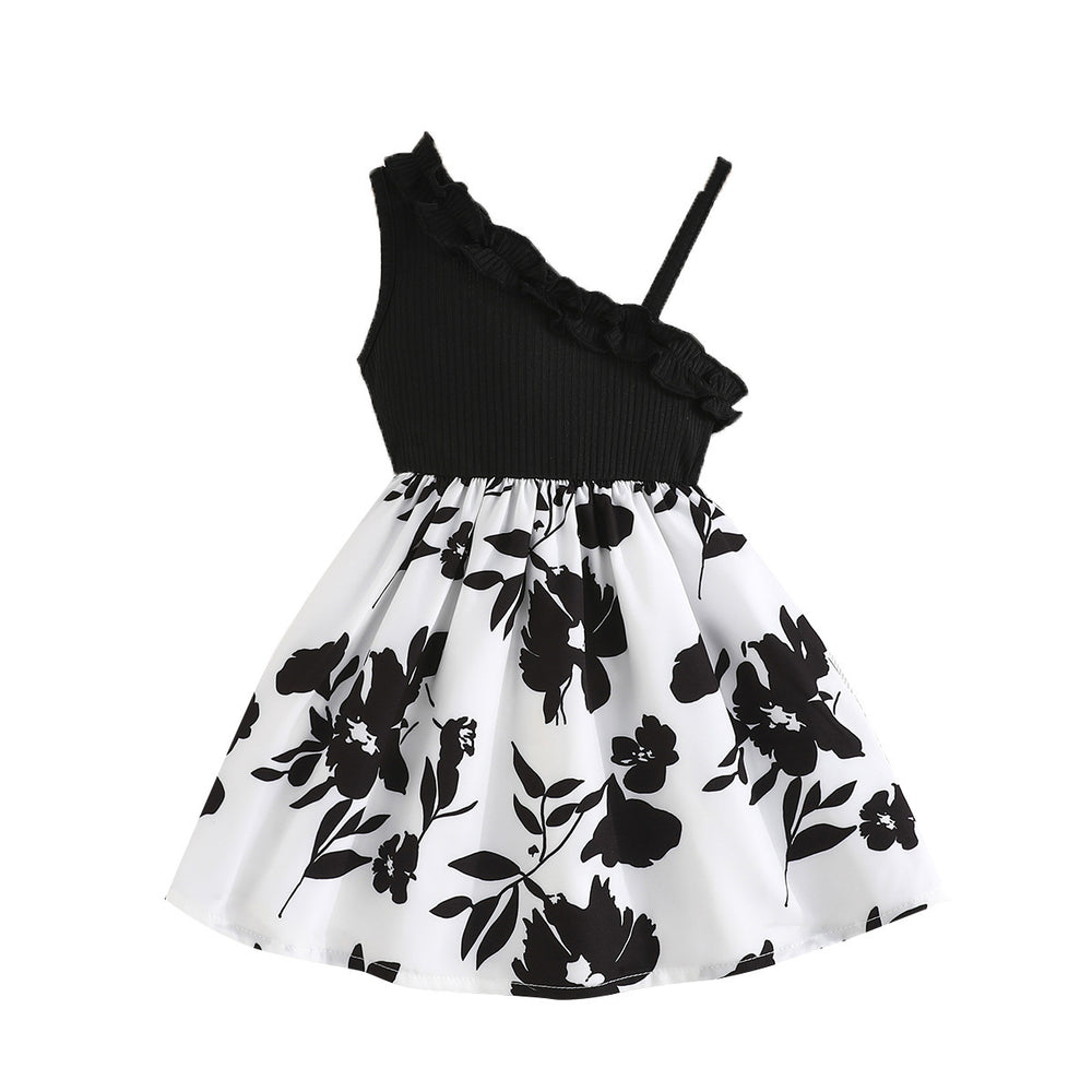 exclusive: girls' black and white print dress - sweet and adorable one-shoulder design