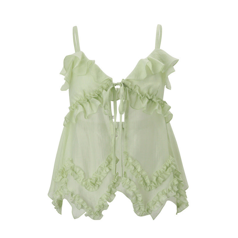 European and american women's clothing  summer new sexy hot girl v-neck low-cut ruffle chiffon see-through camisole top