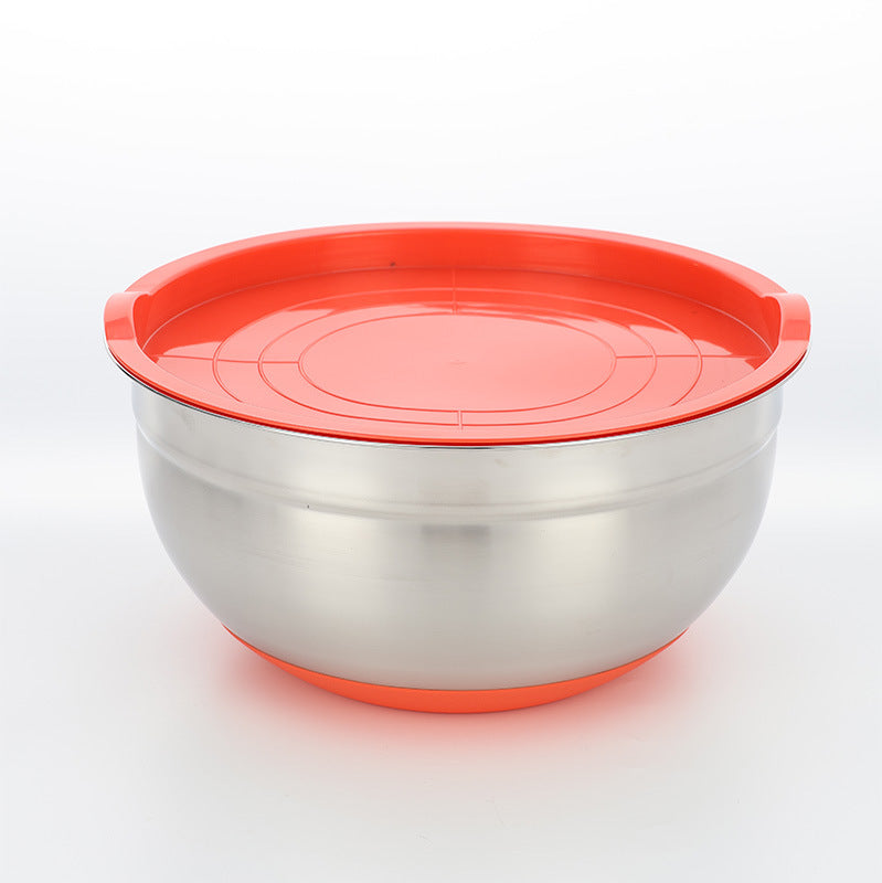 Stainless steel deep salad bowl with color-sprayed lid, round mixing bowl with non-slip silicone base for kitchen use