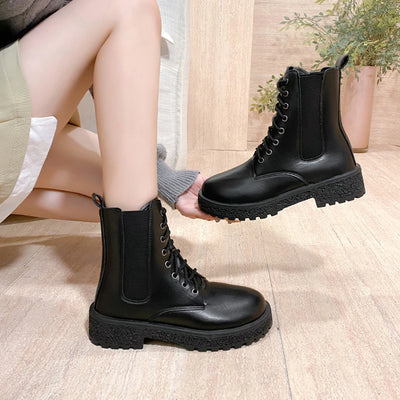 Women's mid-calf chunky heel round toe chelsea boots - 2025 autumn new korean style patent leather women's shoes - comfortable martin boots