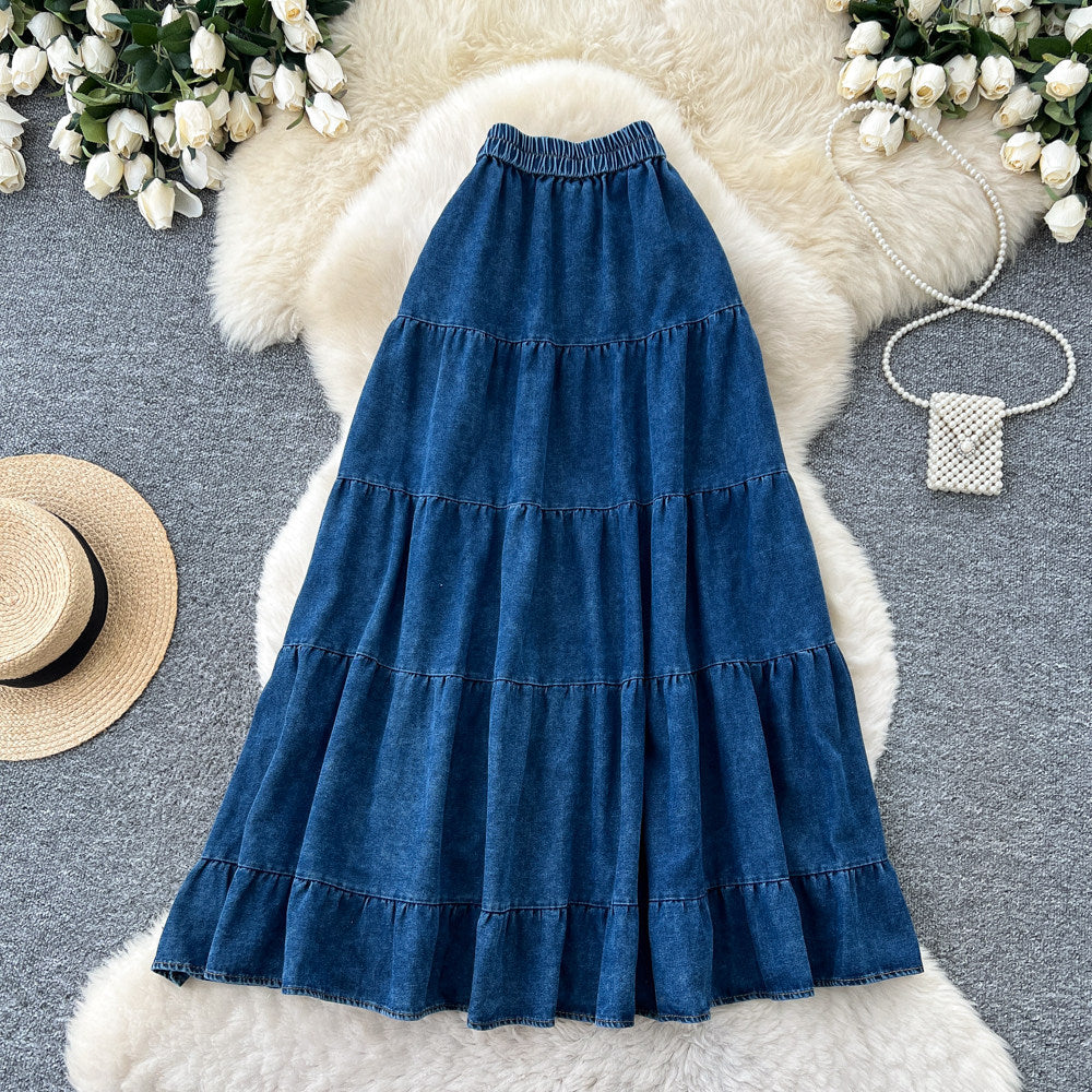 K-stylecasual style denim pleated a-line skirt women's slimming look elastic waist cake skirt easiest for matchwork clothing long skirt