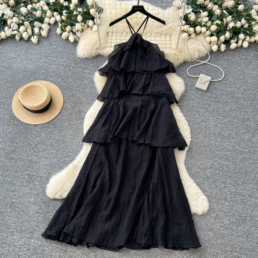 Vacation-style sleeveless romantic yellow cake dress - women's summer ruffle trim slimming fairy dress