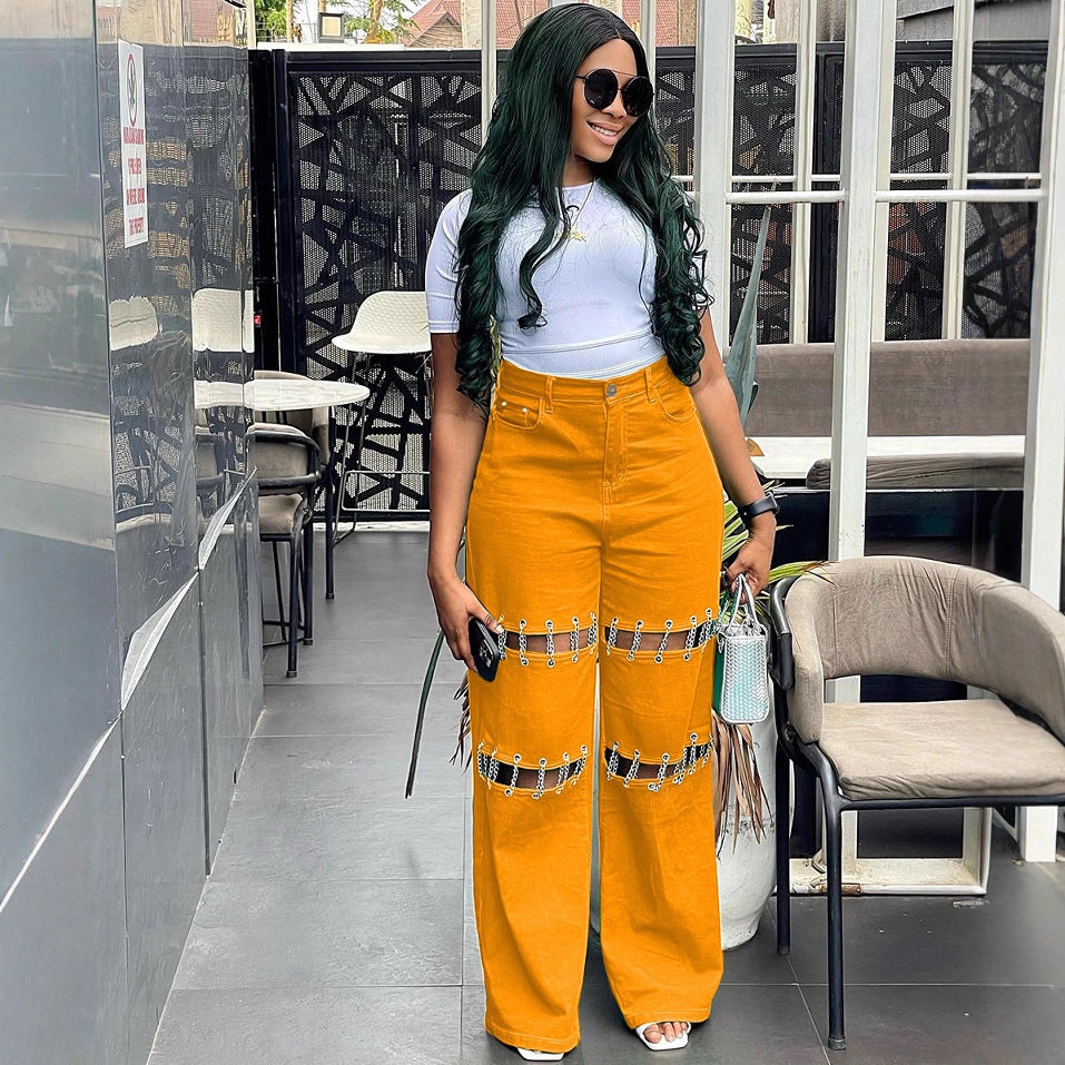 European and american style high-waisted jeans -  cross-border women's fashion chain detail, cutout design, straight-leg trousers