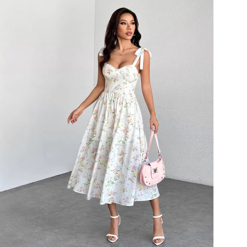 French chic vacation style sweetheart floral sundress - new summer collection, slimming fit, high-end feel, long dress