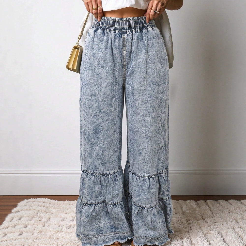 Fashionjeans women's elastic waist washed distressed rufflespatchworkloose pants export hot girl denim pants