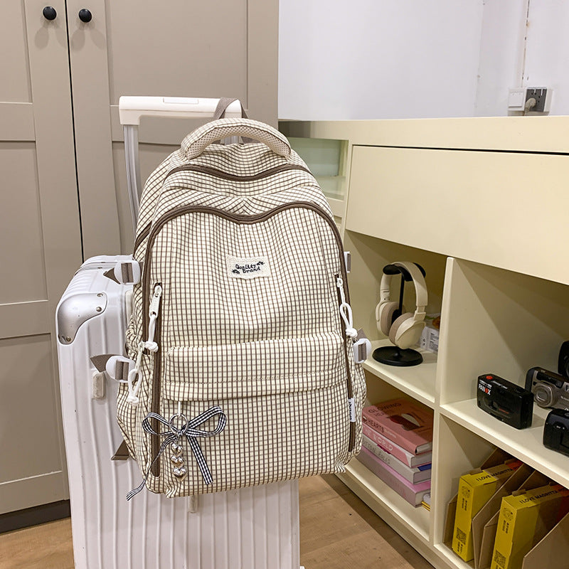 Fresh plaid backpack for women, college & middle school students - lightweight, minimalist, large capacity, korean style, girls' shoulder bag