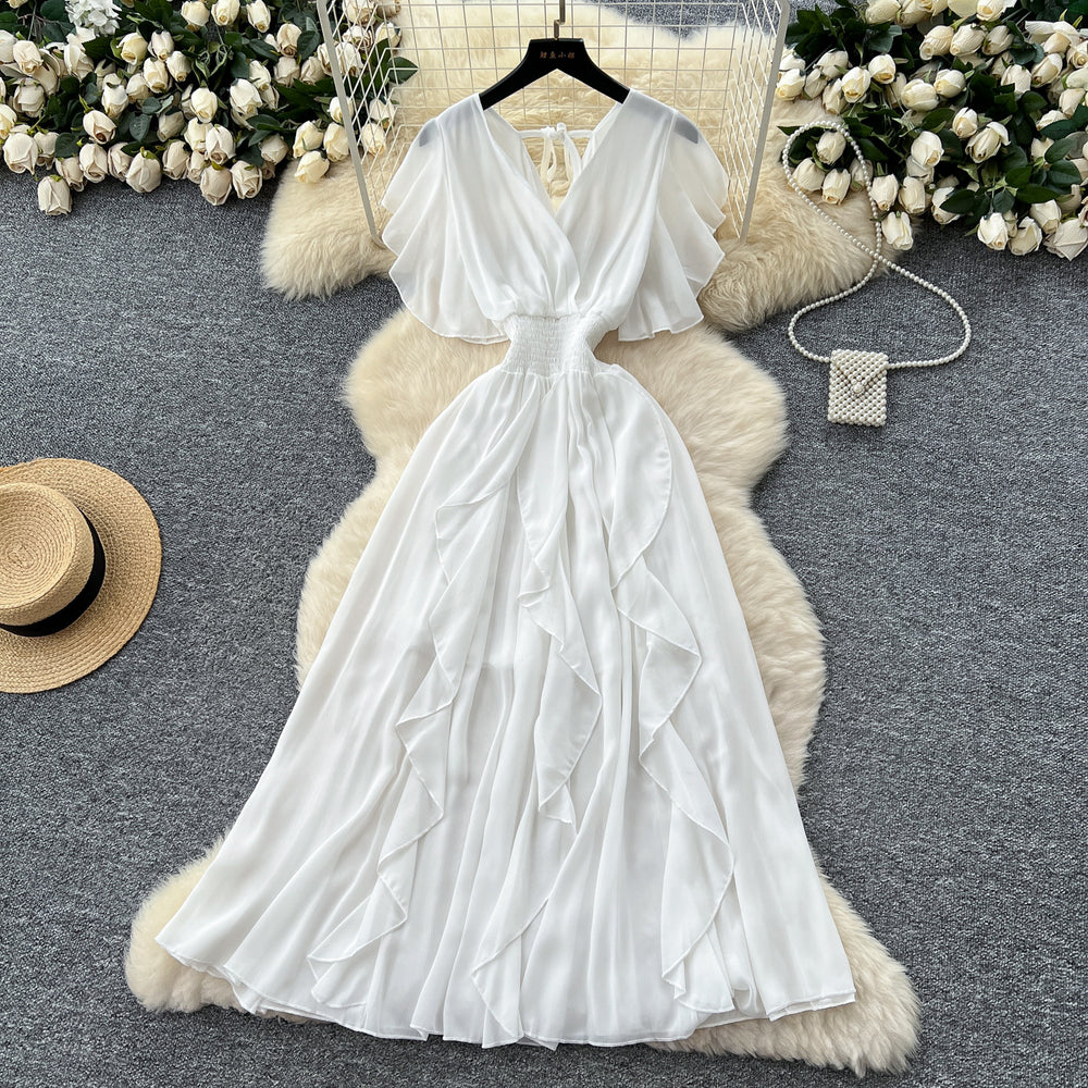 Summer women's niche design criss-cross v-neck flutter sleeve cinched waist chiffon dress - ethereal ruffle maxi dress