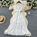 Summer women's niche design criss-cross v-neck flutter sleeve cinched waist chiffon dress - ethereal ruffle maxi dress