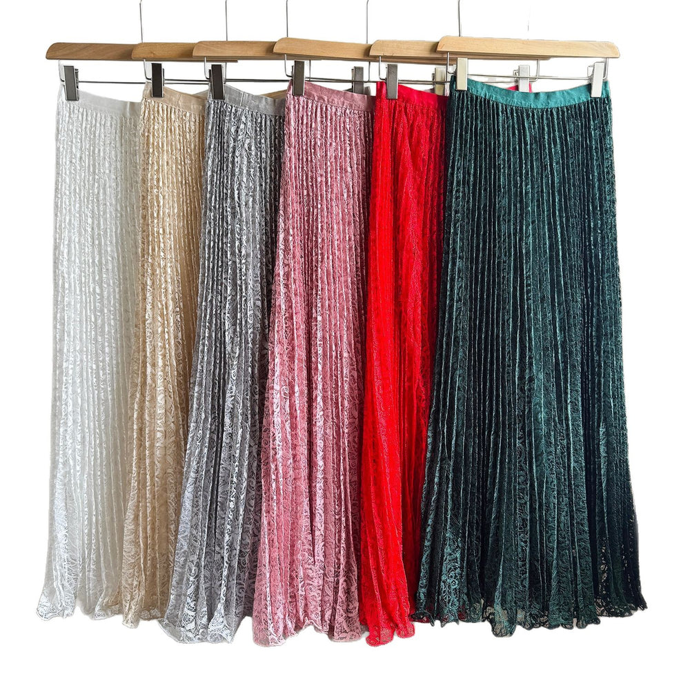 Fashionexport cross-border fashion high waistsweetlacepleated skirt long skirt a-line skirt slimming lookeasiest for matchwork clothing