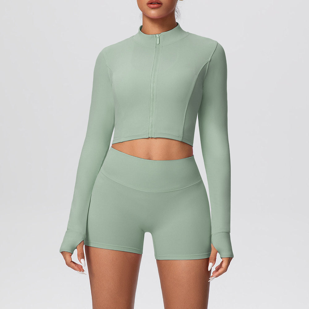 Ready-to-ship cross-border solid color double-sided brushed naked feel cropped jacket set - tight-fitting running, fitness, and yoga two-piece outfit