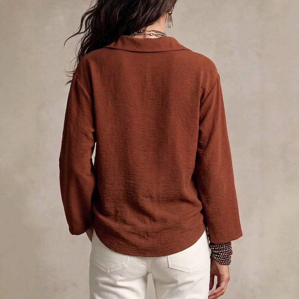 Women's relaxed fit top - brick red v-neck cardigan with drapey, pleated fabric and long sleeves - wholesale