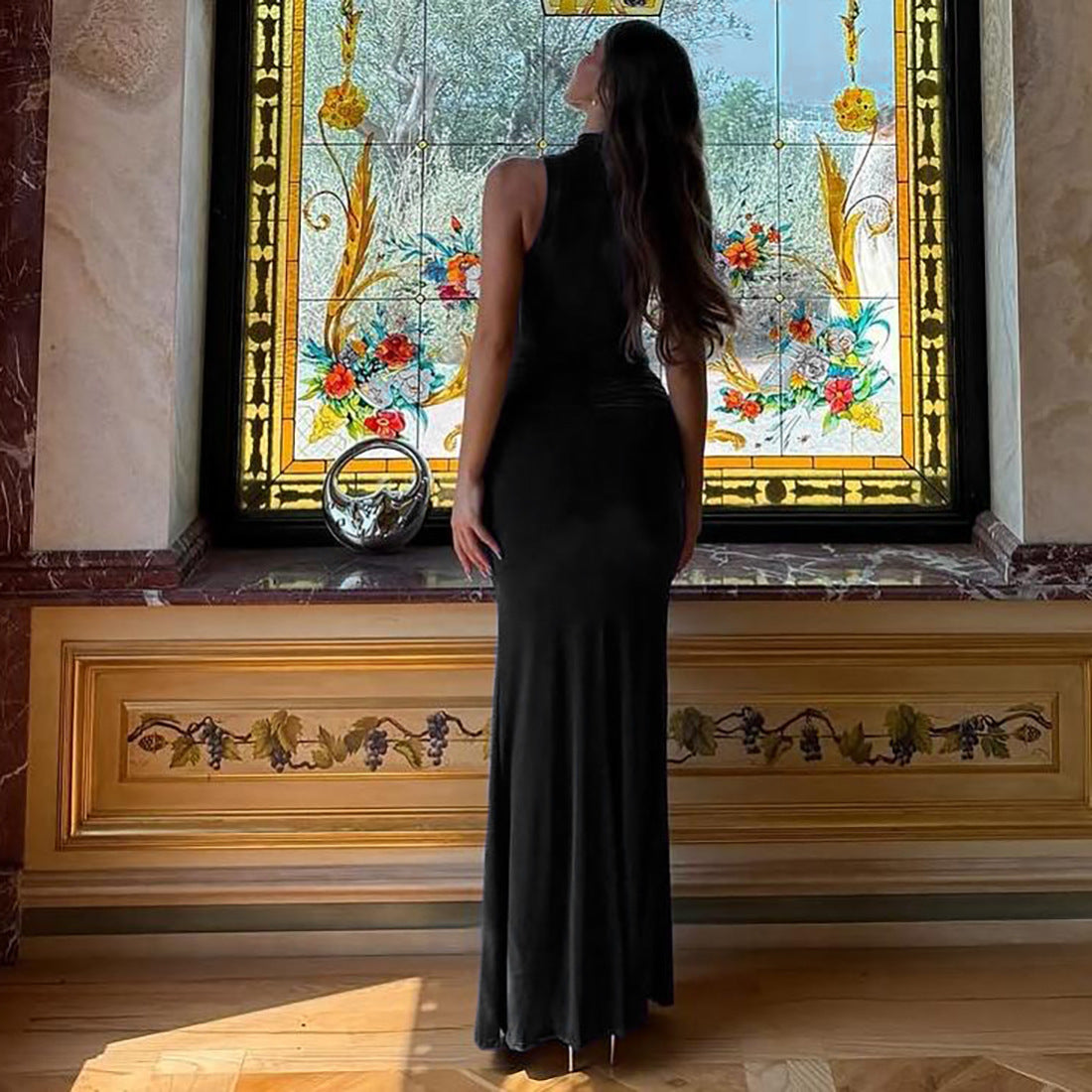 Europe, America and  2025 fashion new women's clothing solid color semi-turtleneck slim-fitting sexy metal buckle dress