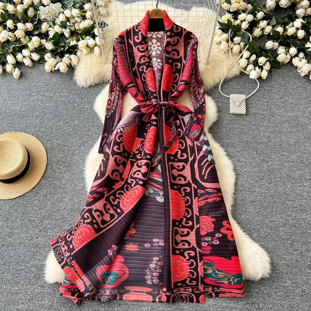 Fashion style large version dress women's fashion styleeasiest for match lapel waist strap mid-length pleated printingoutwear