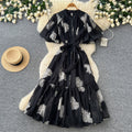 French romantic embroidered sequin puff sleeve dress - women's summer tie-waist slimming a-line elegant maxi dress