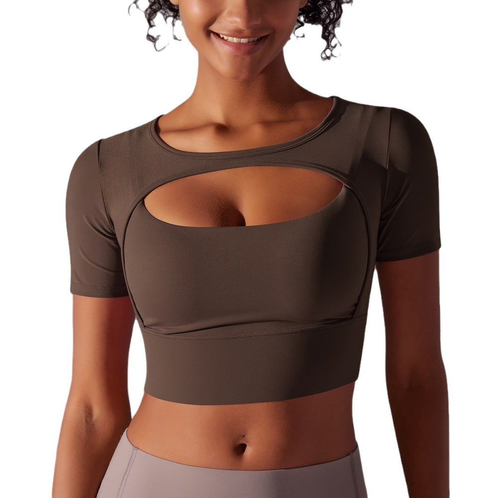Classic solid color mesh panel sexy double-layer short sleeve cami bra top - running, fitness, and yoga activewear for women