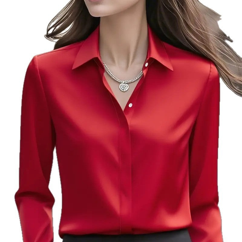 independent station   hot style autumnpure colorlong sleeveseasiest for matchshirt lapelsatinshirt