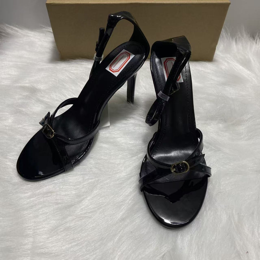 French chic thin strap lambskin patent leather 2025 summer flat round toe open toe genuine leather versatile buckle sandals for women