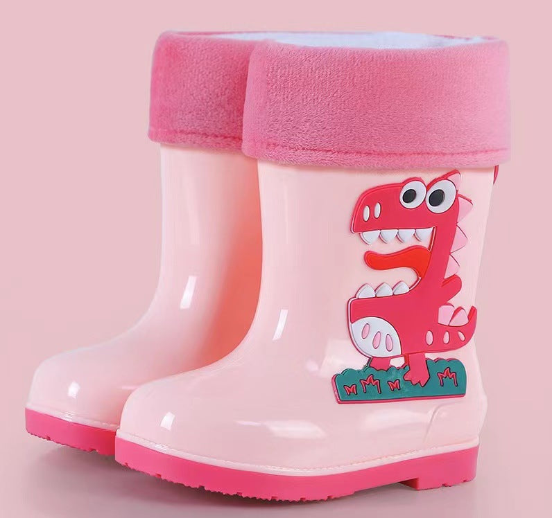 Kids' mid-calf waterproof rain boots - new fashionable styles for boys and girls - non-slip, fleece-lined baby rain boots - dinosaur designs available