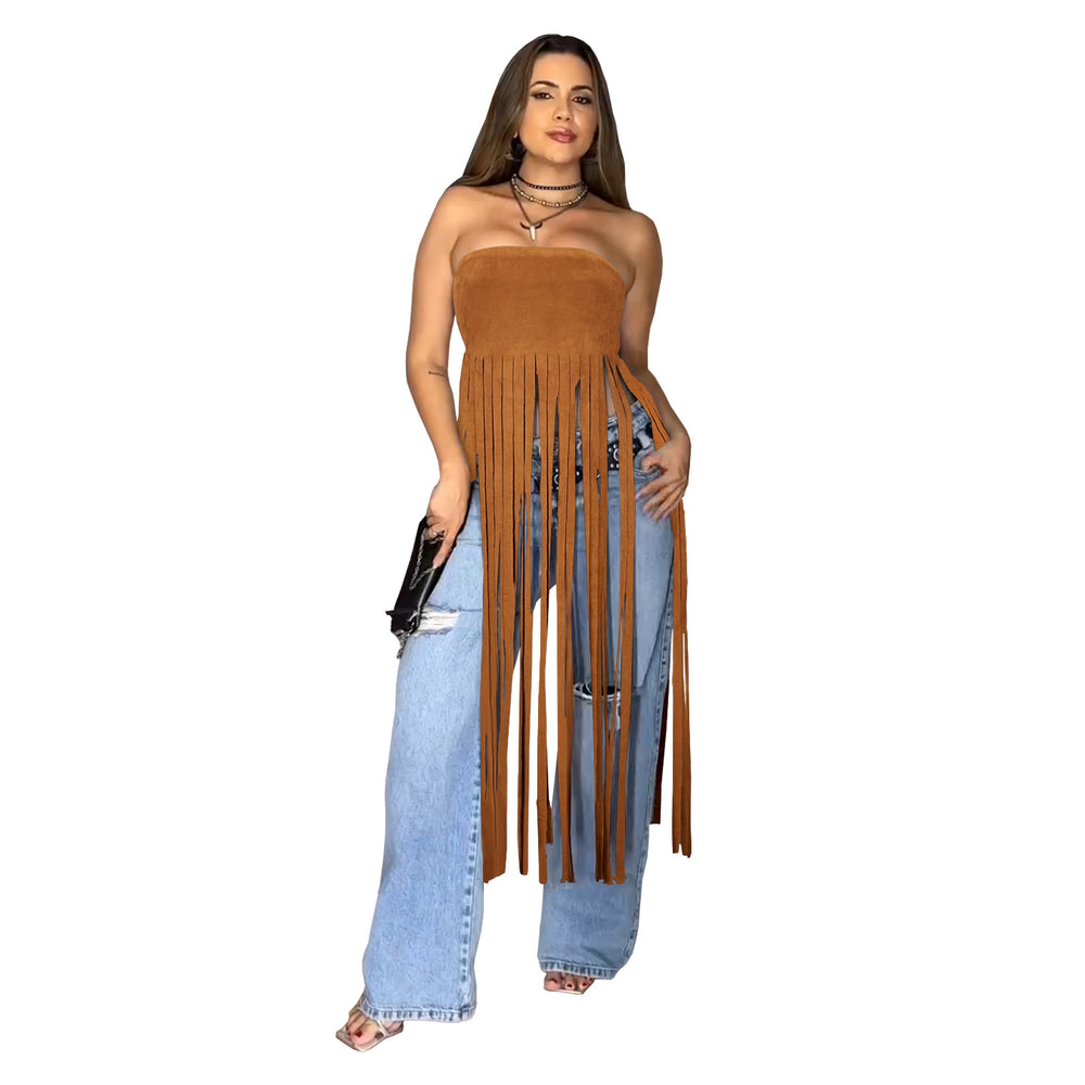 C7436 cross-border   fashion women's clothing: deerskin velvet sexy bandeau solid color tassel maxi dress
