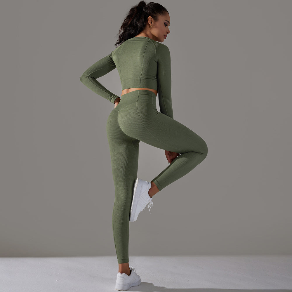 fashion seamless knittingpure color jacquard low-cut tight long sleeves yoga suit sports fitness two-piece set