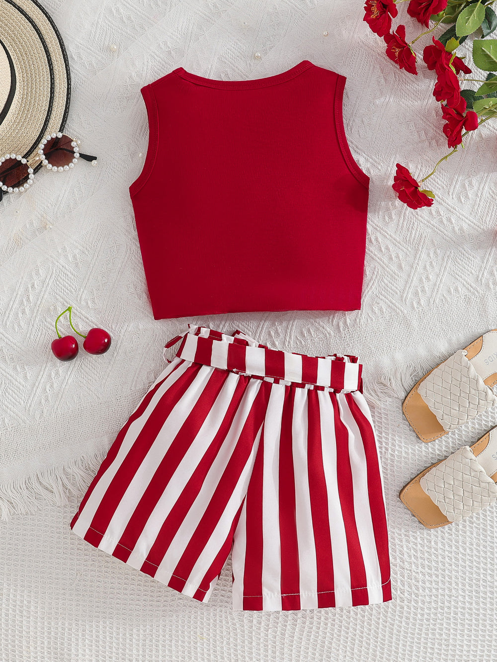 girls' round neck red tank top set - sleeveless top with striped shorts and belt - summer kids' two-piece outfit