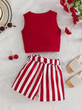 girls' round neck red tank top set - sleeveless top with striped shorts and belt - summer kids' two-piece outfit
