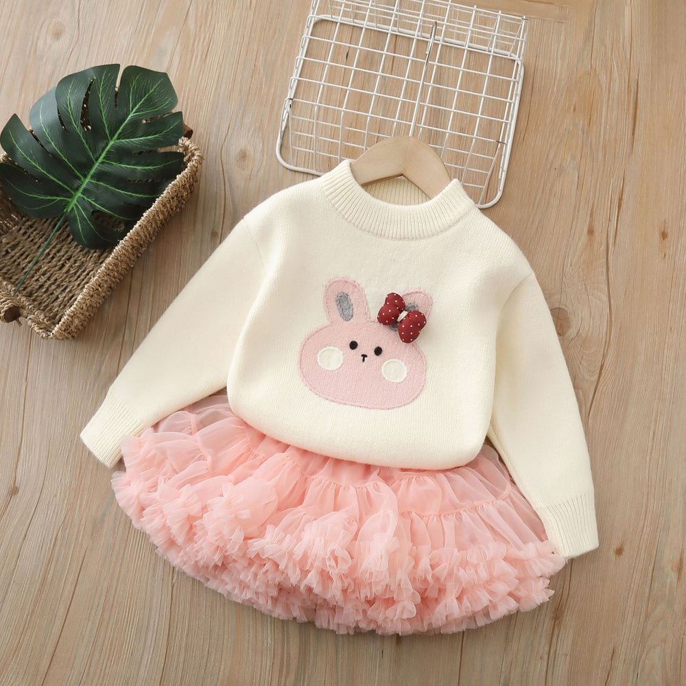 Girlsweaterthickenedall-in-one velvet with tutu skirttwo-piece set for baby girls round neck bottom shirtsuit